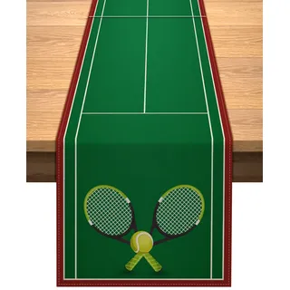 Vohado Tischläufer für Tennisplatz, Party, Dekoration, Esszimmer, Küche, Heimdekoration, 33 x 183 cm, Leinen, Tennisballmuster, Grün