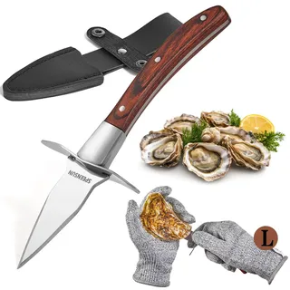 SPEENSUN Austernmesser,Austernmesser Und Handschuh,Austern Set mit Premium-Holzgriff,Edelstahl Austernöffner mit Handschuhe mit Schutzstufe 5 (L) Oyster Messer