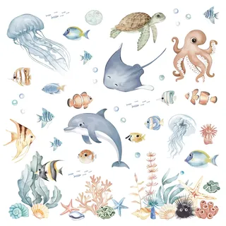 FUFUQUARE Unterwasserwelt Wandtattoo Unter dem Meer Fisch Wandaufkleber Delfin Quallen Seetang Tintenfisch Wandsticker für Kinderzimmer Babyzimmer Badezimmer Wanddeko