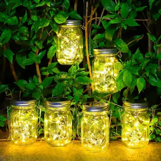 6 Stück Solarlampen für Außen - 30 LED Solar Mason Jar Licht Wetterfest Solar Laterne Hängend Solarleuchte Gartendeko Laternen für Draußen Patio Balkon Garten Baum Wand Tisch