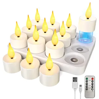 AONESY Aufladbare Teelichter mit Ladestation: 13er Wiederaufladbare Teelichter mit Timerfunktion und Fernbedienung | LED Kerzen für Weihnachten Tisch Party Deko | LED Flammenlicht Zimmer Wohnzimmer