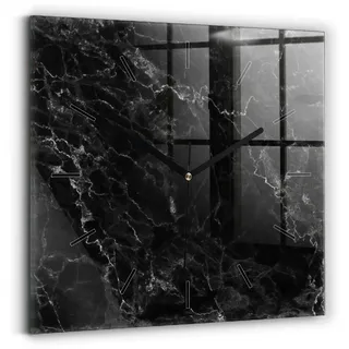 Wallfluent Wanduhr – Stilles Quarzuhrwerk - Uhr Dekoration Wohnzimmer Schlafzimmer Küche - Zifferblatt mit Striche - schwarze Zeiger - 30x30 cm - Dunkler Marmor - Schwarz