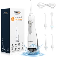 Mornwell Munddusche Kabellos für Zähne Tragbar Oral Irrigator Elektrische Zahnreiniger 330ML 3 Modi 4 Jet-Tipps Tiefenreinigung Hilft beim USB