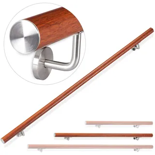 Relaxdays Handlauf Aluminium, Eiche-Optik, 150 cm, Ø 42mm, mit Wandhalterung, braun