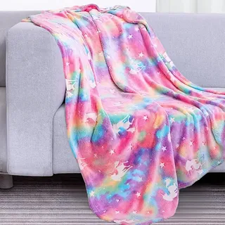 LXTOPN Einhorn Decke Kuscheldecke,Decke Leuchtet im Dunkeln,Kinderdecke Einhorn Pattern, Leuchtende Decke für Kinder und Erwachsene Fluoreszierende(Regenbogen,130x150cm)