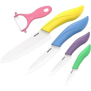 Unyqoos® Keramikmesser-Set 5-tlg. – scharfes Profi-Küchenmesser mit 4 Messern, Sparschäler, bunten Griffen & Sicherheitsscheiden für Obst, Gemüse, Brot - Rosa