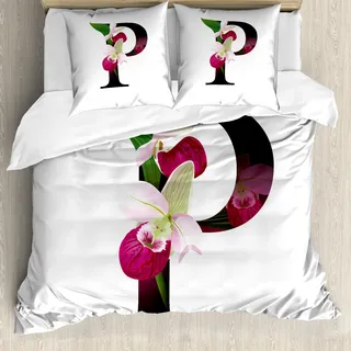 ABAKUHAUS Buchstabe P Bettbezug, Frauenschuh Blume, Milbensicher Allergiker geeignet mit Kissenbezügen, 155 cm x 220 cm - 80 x 80 cm, Magenta, Schwarz, Grün - Schwarz