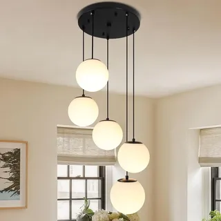 LYSDjia 5 flammiger Cluster Globus Glas Kronleuchter Mid Century Hängelampe aus gebürstetem Gold mit milchweißem Moderne Cluster Pendelleuchte for Treppenhaus Esszimmer Wohnzimmer höhenverstellbar