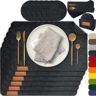 MAHEWA® 6er Set Premium Tischset Platzset aus Filz rutschfest Ab-waschbar und Waschmaschinenfest Eckige Platzdeckchen (Anthrazit/Braun, 6er Set mit Zubehör (Futuristic Logo))
