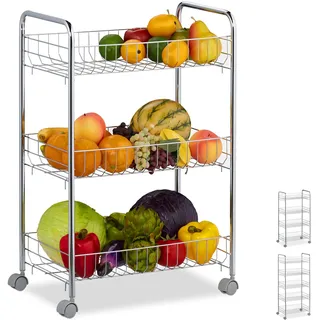 Relaxdays Rollregal, 3 Etagen, 4 Rollen, Allzweckwagen für Küche, Bad, Büro, Rollwagen HBT 62,5 x 40,5 x 26,5 cm, silber