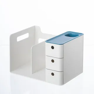 HKeeper Klassischer Schreibtisch-Organizer aus weißem Kunststoff, 2 Bücherhalter mit 3 Schubladenboxen, 1 Stifthalter (Weiß + Blau)