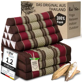 livasia Thaikissen mit 3 Auflagen - 175x50x8cm - Dreieckskissen mit Klappmatratze, Keilkissen Kapok, Rückenkissen faltbar, Thaimatte zum Klappen, handgefertigt, Meditationskissen (Weinrot)