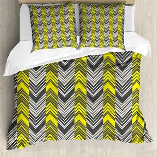 ABAKUHAUS Gelb und Weiß Bettbezug, Zick-Zack-Muster, Milbensicher Allergiker geeignet mit Kissenbezügen, 155 cm x 220 cm - 80 x 80 cm, Gelb Creme Grau - Gelb