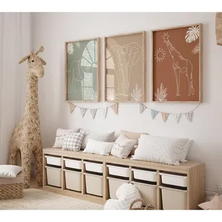 Youillne Safari Kinderzimmer Wandkunst Bilder Baby Tier Leinwand Wanddekoration Boho Dschungel Wandkunst Kinder Minimalistisches Poster Elefant Giraffe Löwe Drucke Kinderzimmer Safari Kunstwerk für