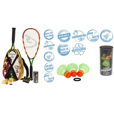 Speedminton S600 Set, Grün/Gelb/rosa, One Size & Cross Speeder – 3er Pack Speed Badminton/Crossminton Outdoor Ball inkl. Windring