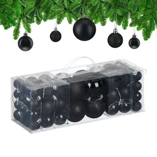 Relaxdays Weihnachtskugeln im 76er Set, Kunststoff, glitzernde, Matte, glänzende Baumkugeln, Christbaumschmuck, schwarz