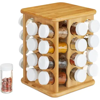 Relaxdays Gewürzkarussell, drehbar, 32 Gewürzgläser, aromadichte Aufbewahrung, Gewürze Organizer, Bambus, natur, 28 x 25 x 25 cm