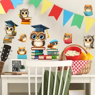 COVPAW Wandtattoo Eulen mit Büchern und Doktorhut, Selbstklebende Wandaufkleber für Kinderzimmer Wohnzimmer, 90 x 30 cm, PVC Dekoration für Wand Möbel Tür Fenster usw. (Dr. Eule und Seine Studenten)