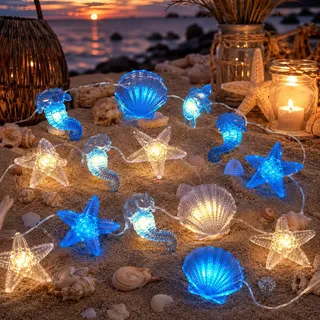 Auzlya Lichterkette Meerestiere,2M 20 LED Muscheln lichterkette | Sommer Maritime Deko,Seestern Schildkröte Seepferdchen Muscheln lichterkettes,für Kinderzimmer Hochzeit,Valentinstag