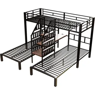 okwish Dreier Etagenbett 90x200cm mit LED und Schreibtisch Schwarz ohne Matratze