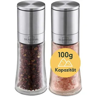 SILBERTHAL Salz- und Pfeffermühle Set - Stufenlos verstellbare Mahlgrade - Salzstreuer mit Keramikmahlwerk - Gewürzmühlen aus Glas und Edelstahl - Unbefüllt & Nachfüllbar