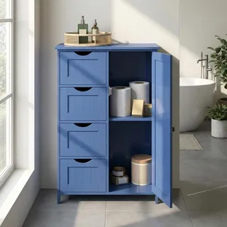 VASAGLE Badezimmerschrank, schmaler Badschrank, Beistellschrank, Kommode, mit 4 Schubladen, Schranktür, verstellbare Ablage, 30 x 55 x 82 cm, hafenblau LHC041QE02