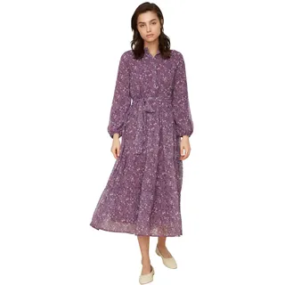 Trendyol Modest Damen Floral Pattern Belt Detailed Hemmed Chiffon Weaving Dress, Lila, 34 EU