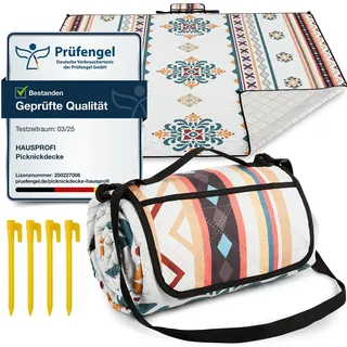 HAUSPROFI Picknickdecke Boho 200x200 cm, wasserdicht & isoliert - Outdoor Decke für Picknick, Strand, Camping, mit Baumwolle gepolstert, inkl. Tragegriff & Heringe, Tragbar, Waschbar & formstabil