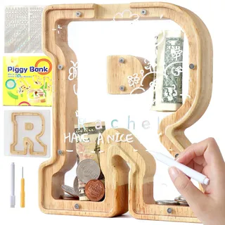 Lakpopya Spardose Kinder Buchstaben aus Holz für A-Z Personalisiert Sparschwein Durchsichtig Alphabet Sparbox, Geschenk Dekoration Taufe für Jungen Mädchen (R)