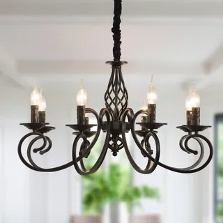 Ganeed Rustik Kronleuchter Kerze Französisch Landhaus Kronleuchter Vintage Eisen Pendelleuchte Hängelampe für Bauernhaus Kücheninsel Esszimmer Schlafzimmer Schwarz 8 Licht