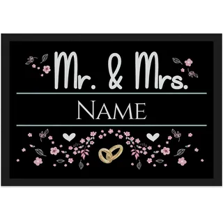 Print Royal Personalisierte Fußmatte mit Namen - Mr und Mrs mit Blumen und Ringe - Geschenke zum Einzug | rutschfest, 75x50cm mit Gummirand