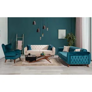 Sessel  Sitzer Design Wohnzimmer Polster Holz Polster Moderne Türkis Neu - Türkis