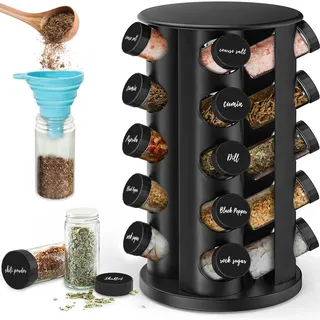 IPEB Drehbares Gewürzregal mit 20 Gewürzgläsern, drehbares Gewürzregal aus Edelstahl mit Aufklebern und faltbarem Trichter für Arbeitsplatte oder Schrank, Schwarz