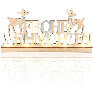 com-four® LED Deko Aufsteller aus Holz - beleuchteter Schriftzug auf Holzsockel - Deko-Schriftzug zum Hinstellen für Weihnachten - Stimmungslicht mit Timer (Rentiere - grau)