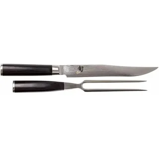 Shun KAI Classic japanisches Tranchier Set - Tranchiermesser 20 cm Klingenlänge Damast 32 Lagen VG MAX Kern - 61 (±1) HRC - Tranchiergabel 16,5 cm Zinken Edelstahl - Pakkaholzgriff schwarz