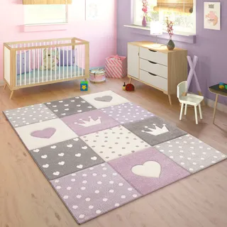 Paco Home Kinderteppich »Cosmo 339«, rechteckig, 16 mm Höhe, Kurzflor, Pastell-Farben, 3D-Effekt, Motiv Herz, Punkte & Krone, lila