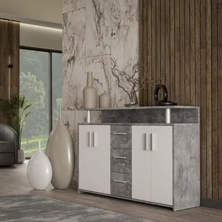 Forte SINCRONO Sideboard 130, modernes Sideboard mit Ablage-Aufsatz, 4-türig, 3 Schubladen, Wohnzimmer, Flur, Holzwerkstoff, Weiß mit Betonoptik, 132 cm breit x 88,5 cm hoch x 34,8 cm tief