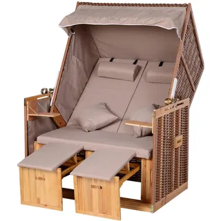 Outsunny Strandkorb mit Klapptisch Sitzhocker Getrankehaltern PE Rattan Beige , Kunststoff , 79x150x118 cm , Gartenmöbel, Gartenschaukeln, Strandkörbe