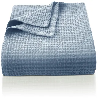 CHUFFED 100% Baumwolle Decke 150x 200 cm, Weiche und Atmungsaktive Tagesdecke, Waffelmuster Leichte Decke als Sofadecke Couchdecke, Weich Kuschelige Wohndecke Wohnzimmer, Sofa Couch Hellblau