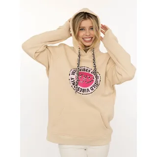 Hoodie ZWILLINGSHERZ "Wild Vibes", Damen, Gr. S/M, beige, Sweatware, Obermaterial: 50% Baumwolle, 50% Polyester, Sweatshirts Hoodie, runder Druck, Leo Details, Stickerei auf Kapuze, Fronttasche