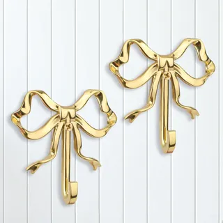 BOXOB 2 St Knotenhaken mit Schleife aus Messing, 6,6 x 6,6 cm Wandhaken mit Schleife Goldener Kleiderständer Wandhalterung Wandhalter für Handtaschen Wanddekoration zum Valentinstag für Wohnzimmer