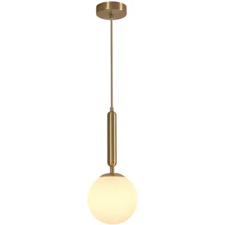 DELIPOP Hängelampe Rondo, Moderne Pendelleuchte, Hängeleuchte aus Metall in Messing und Glas in Opal Matt Weiß für Schlafzimmer Salon Küche, E27 Fassung, Ø 15 cm