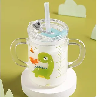 ITODA Glas Kinder Glasbecher 250ml Messbecher Borosilikatglas Becher mit Deckel Wasserbecher mit Strohhalm Trinkglas Mikrowellengeeignet Strohbecher Auslaufsicher Wasserglas Junge Trinkbecher Mädchen