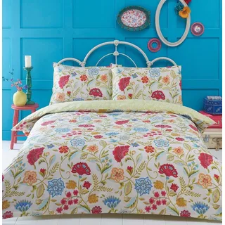 Irvine Doppelbett Bettdeckenbezug und 2 Kopfkissenbezüge Set Bettwäsche, Bettwäsche-Set, Creme, blau, rot, Blumen, Retro, Creme