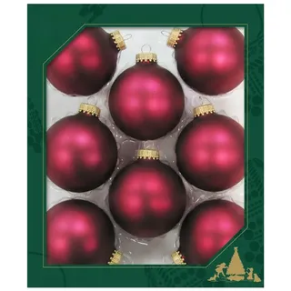 Dekohelden24 Lauschaer Christbaumschmuck - 8er Set Kugeln Uni Satin matt Himbeer rot, 6,7 cm, mit goldenem Krönchen + 50 Schnellaufhänger in Gold