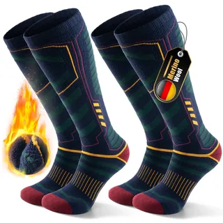 PULIOU Skisocken Merinowolle, Thermosocken Herren Snowboarden, Atmungsaktiv Schnell Trocknend Antiblasen Warme Dicke Merino Socken Für Kaltes Wetter Herren Damen Jugendliche 35-51(2 Paar) Grün L