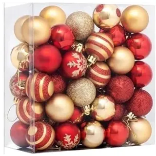 50 Stück Kunststoff Weihnachtskugeln, Weihnachtsbaumkugeln 4cm Kleine Weihnachtskugeln Kunststoff Rot Gold Mini Christbaumkugeln Ornamente mit Lanyard Baumschmuck für Weihnachtsdekoration Hochzeit