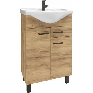 Badezimmerschrank mit Waschbecken, Craft-Eiche, stehend auf Beinen, 55 cm, Mea - Braun