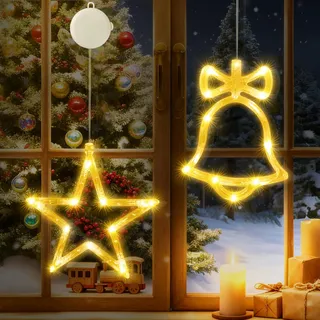 CNMTCCO LED Sterne Weihnachtsbeleuchtung Fenster, 2 Stück Fensterbeleuchtung Weihnachten mit Timer, Weihnachtsdeko Leuchtstern Fenster Beleuchtet Batterie für Weihnachten Deko