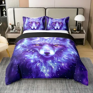 100% Baumwolle Boho Wolf Bettbezug 135x200,Traumhaft Lila Bettbezug Set mit Reißverschluss,Wildlife Wild Tier Bettwäsche Set,Wölfe Bettbezug mit 1 Kissenbezug Schlafzimmer Dekor